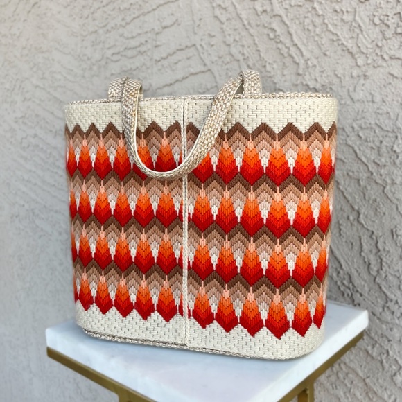 VINTAGE 60s 70s JR Miami Julius Rednik Orange Woven Yarn & Needlepoint Tote Bag - Picture 3 of 11